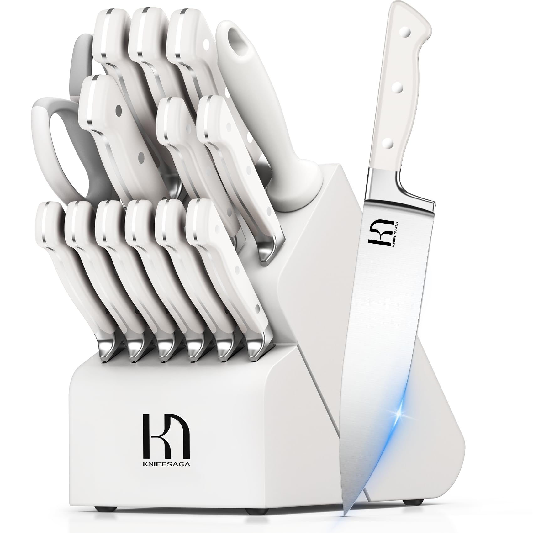 KnifeSaga Kitchen Knife Block Set, 15-Piece Enduring Ultra Sharp Knife Set, Japanese High Carbon Stainless Steel, Premium Forged Knives for Kitchen and Professional Chefs, White