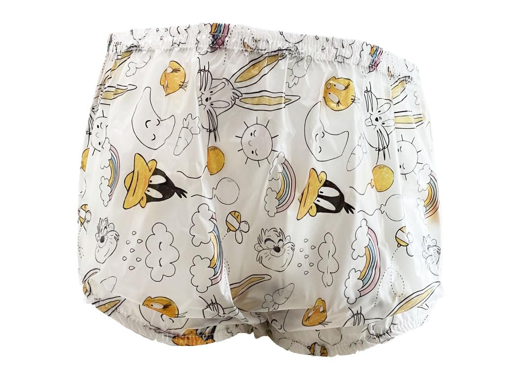 Haian High-Waisted Adult Incontinence Pull-on Plastic Printed Waterproof Pants 3 Pack (XXL, Bunny)