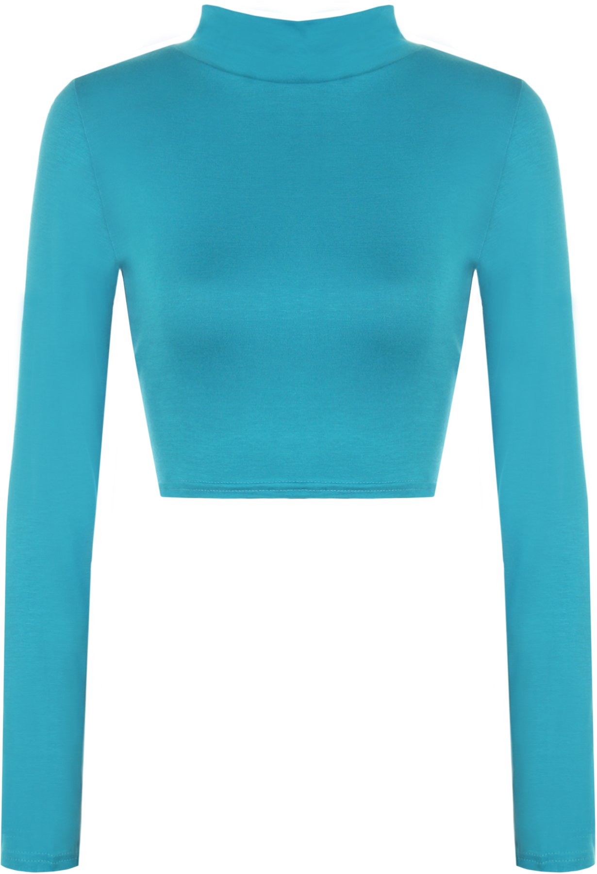 Wearall Women's Turquoise New Turtle Neck Crop Long Sleeve Plain Polo Short Stretch Top - 12/14