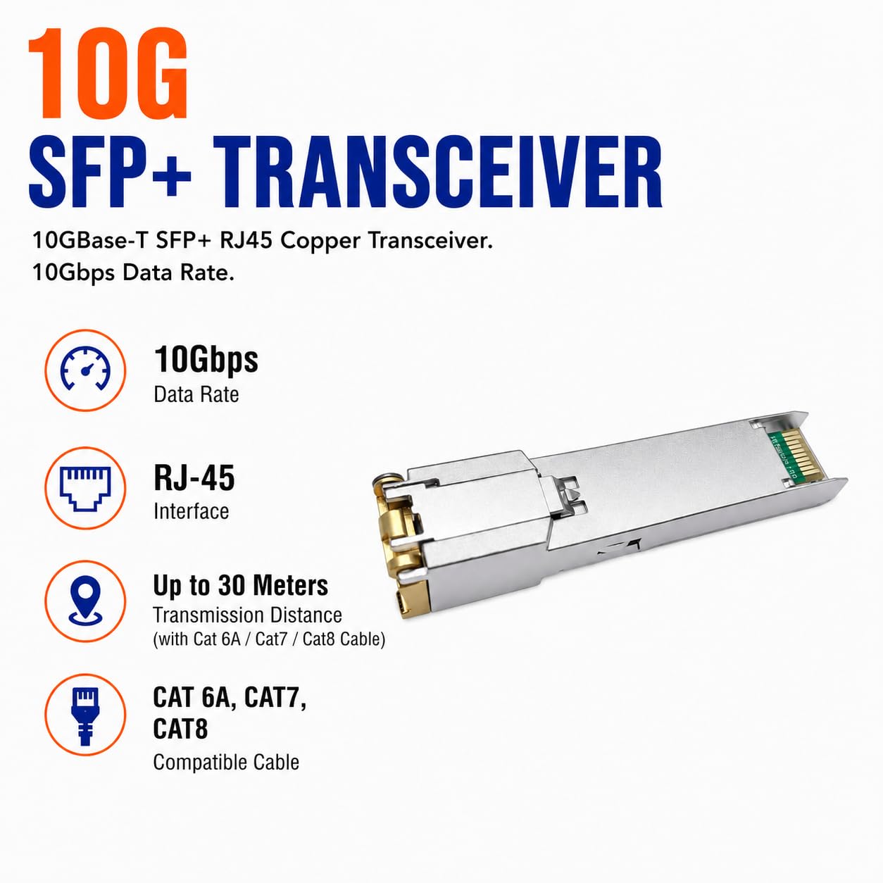 Elfcam – Moduł SFP+ do RJ45 10GbE, Kompatybilny z Cisco SFP-10G-TS i Freebox Ultra, Transceiver 10GBase-T, do 30 m na kablu Ethernet Cat 6A/Cat 7/Cat 8, Plug & Play