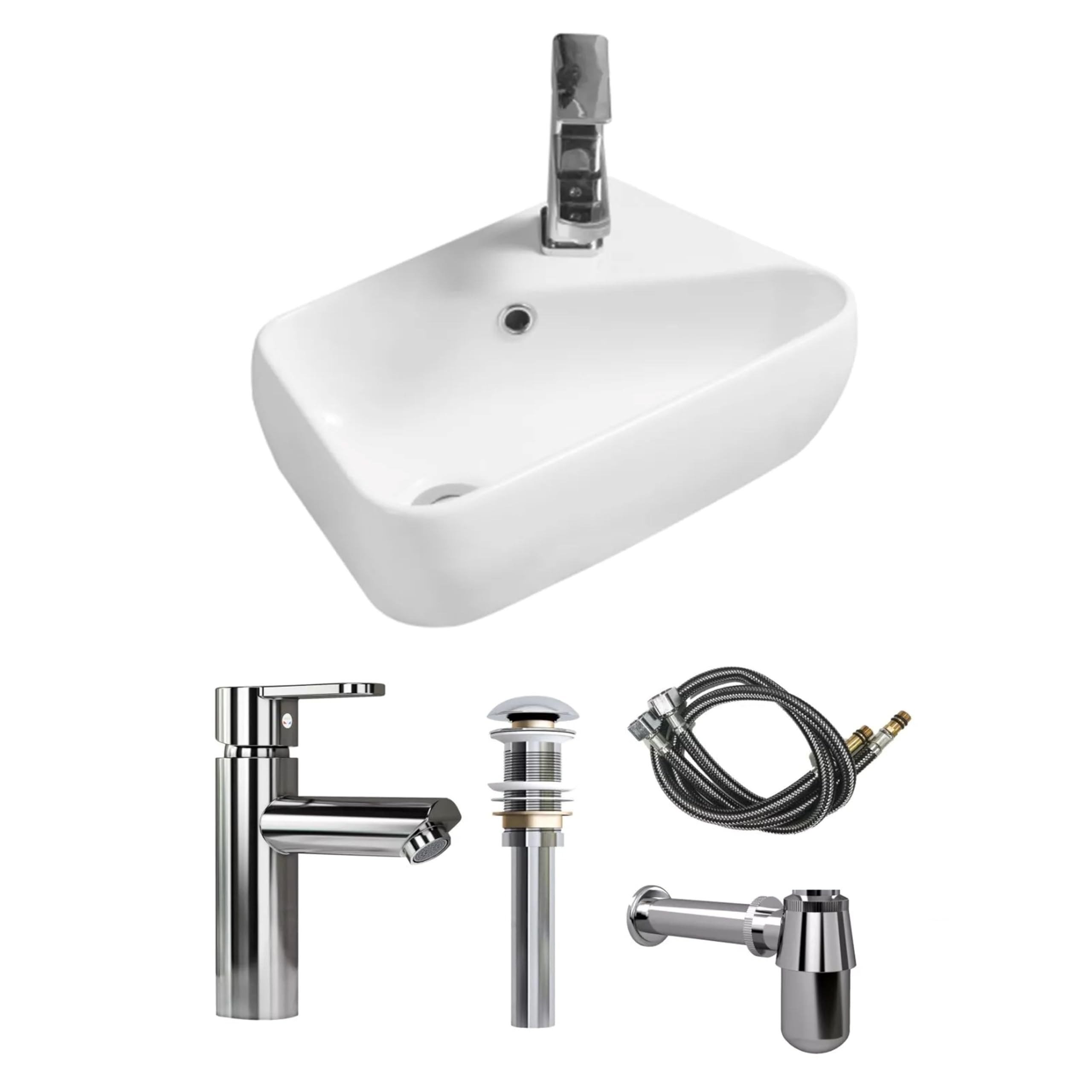 MEJE Ensemble lavabo mural de 45,7 cm, petit lavabo de vestiaire, lavabo de salle de bain en céramique blanche – Ensemble d'évier pour droitier (robinet et bonde pop-up)