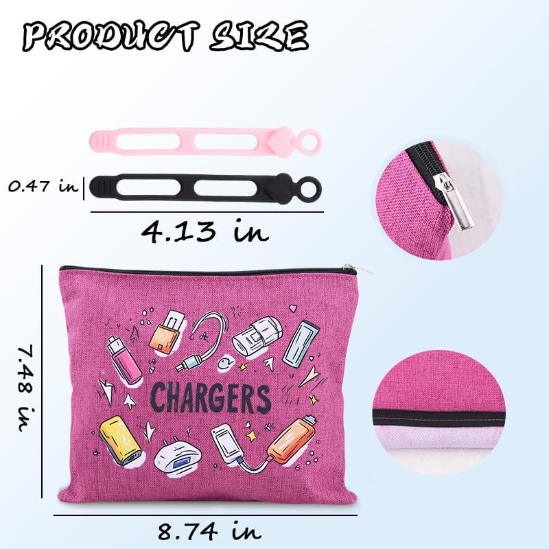 Chargers Bag Organizers for Charging Cord Makeup Bags Pouch for Family Friends Christmas Birthday Gifts for Women Men Pink Charger Travel Cosmetic Bag for Plugs Cables Pouches with Silicone Cable Tie - Image 2