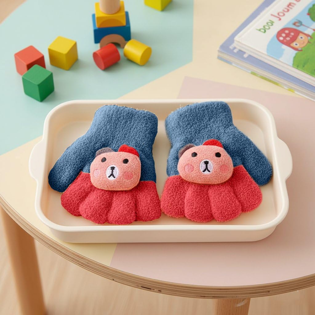 Jukusa KNYUC MART Baby Winter Gloves for 1-7 Years | Cute Teddy Bear Design Full Finger Knitted Hand Gloves | Warm, Windproof, Flexible, Gift for Kids (Blue) - Image 4 thumbnail