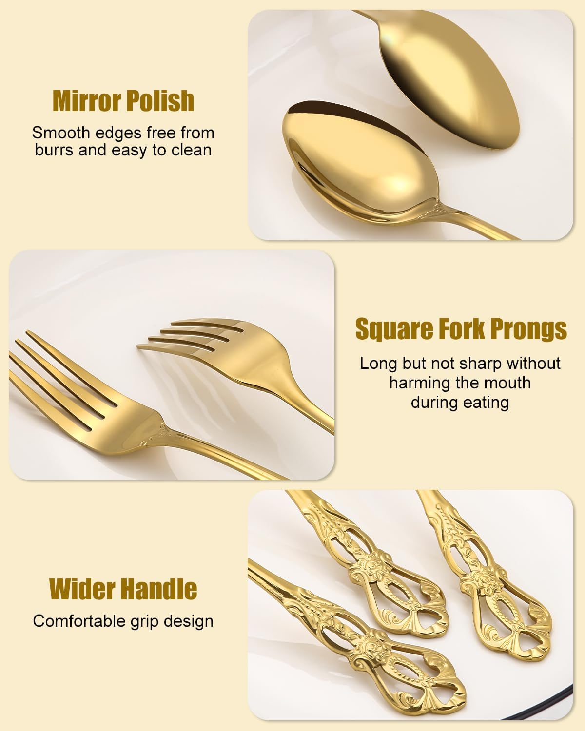 Set de Cubiertos 40 Piezas, Cubiertos Acero Inoxidable, Acabado Pulido Brillante, Juego de Cubertería con Cuchillo, Tenedor, Cuchara, Apto para Lavavajillas,Dorado