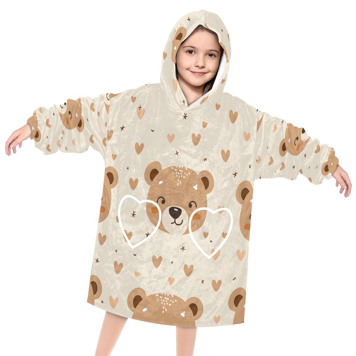 Wearable Blanket Hoodie for Kids, Cartoon Bears Fleece Sweatshirt Blanket Oversized Blanket Sweatshirt with Pocket Flannel Warm Hooded Blanket 6-10 Year Old Girl Boy Gift, One Size
