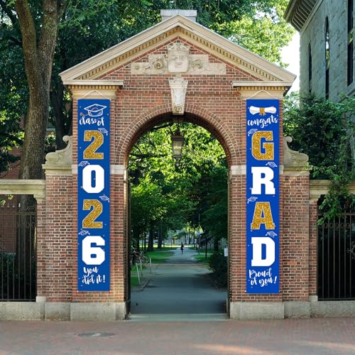 Image of Graduation Decorations 2026 Banner Porch Sign Blue Gold for Class of 2026 Graduates Party Supplies