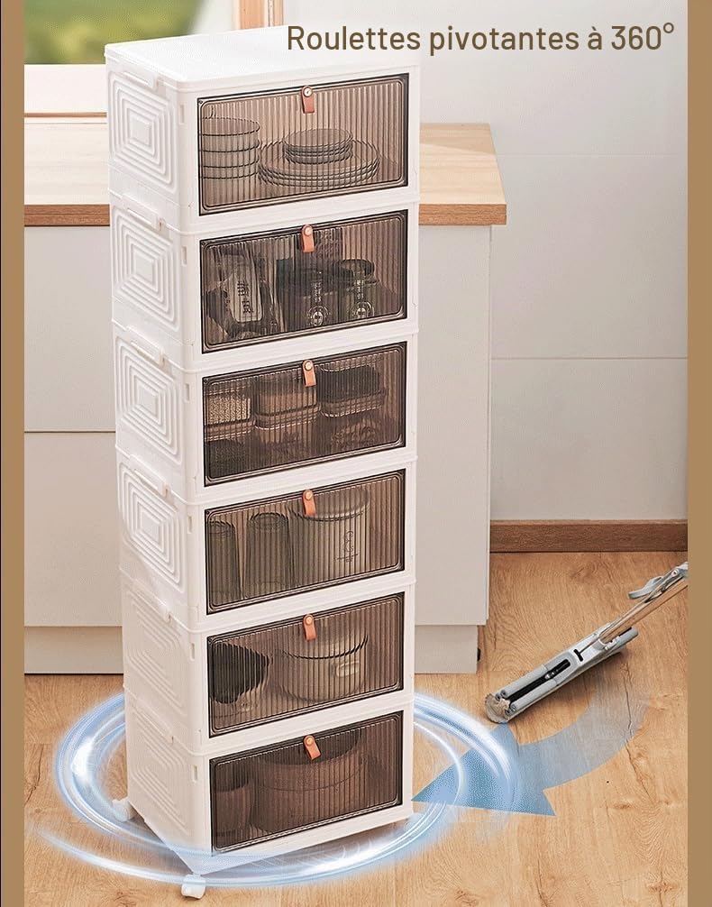 Bacs de rangement pliables avec couvercle, roulettes et porte magnétique, organiseur ABS empilable et pliable pour cuisine, vestiaire, salon et bureau (6 niveaux)