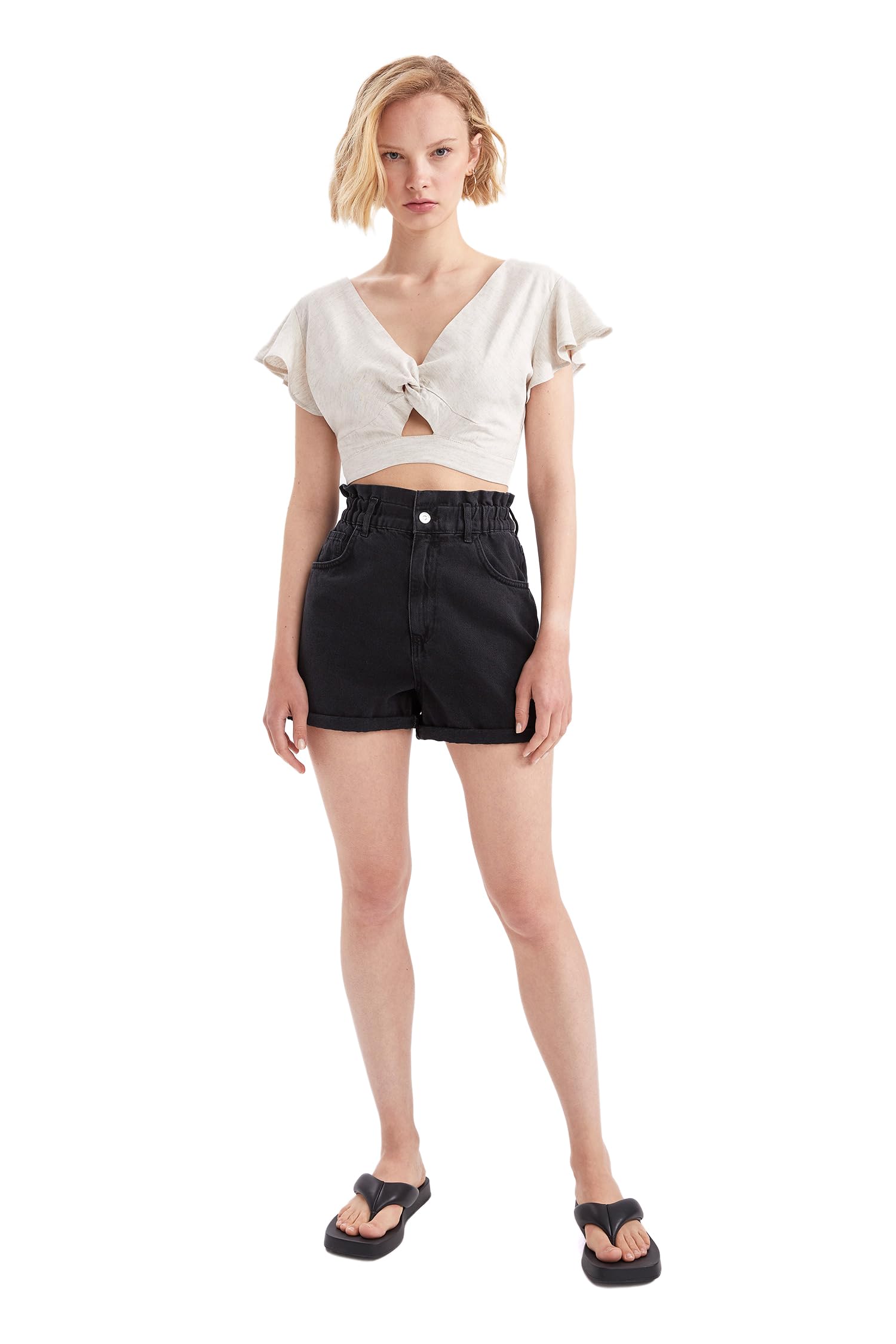 Kadın Basic V Yaka Fırfırlı Kol Detaylı Keten Karışımlı Crop Bluz