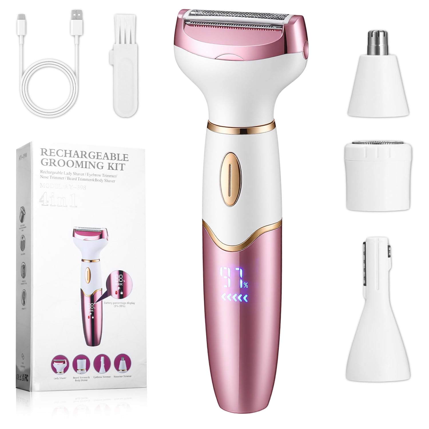 Afeitadora Eléctrica para Mujer, 4 in 1 depiladora facial Mujer, Afeitadora zona íntima IPX7 impermeable, Recortadora Eléctrica USB Recargable para Cara, Labios, Bikini, Axilas, Brazos