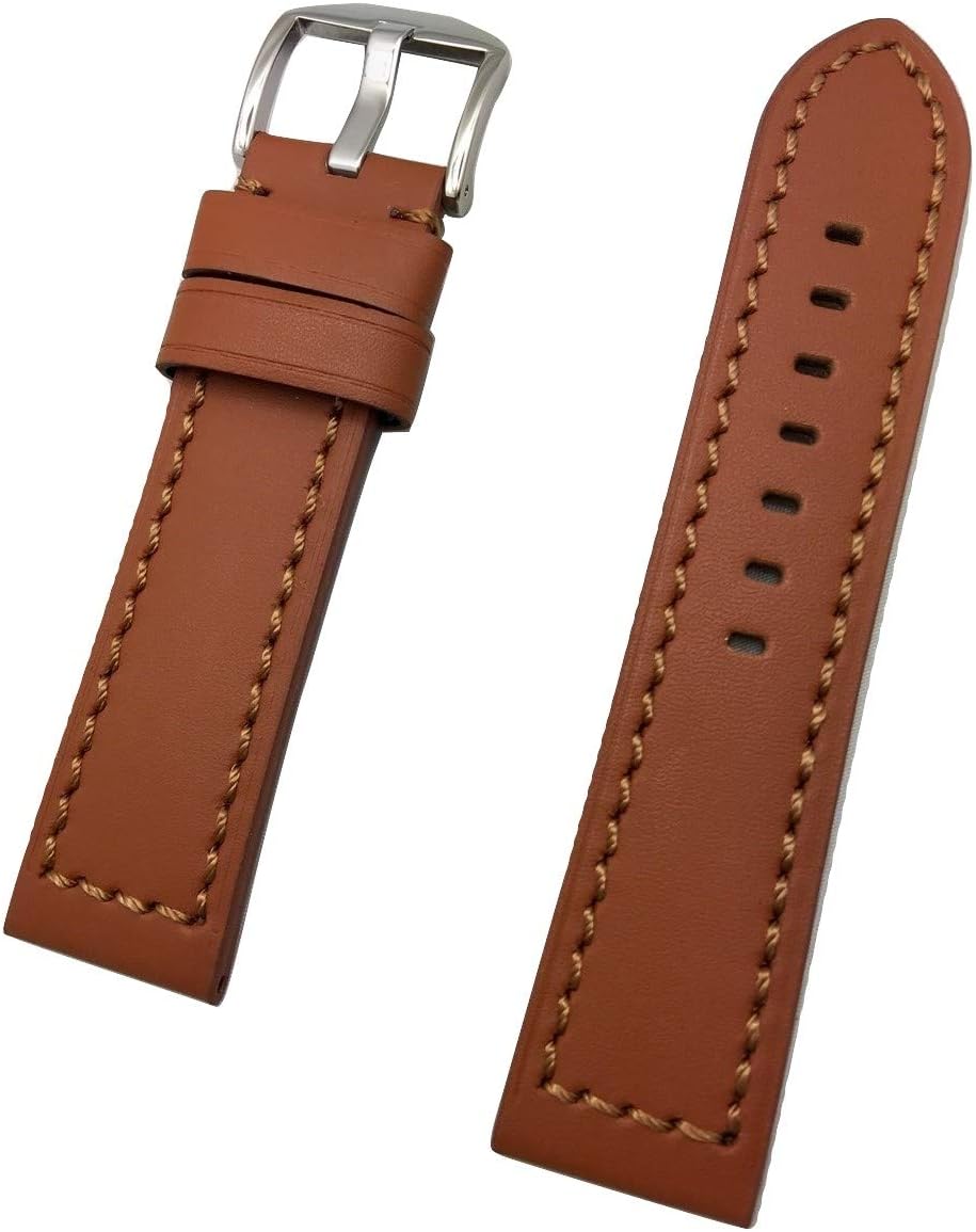 NewLife24mm Long, Brown Leather Watch Band Compatible with Panerai Watch | Thick, Flat Padded Replacement Wrist Strap Bracelet that brings to Any Watch (Mens Long Length)