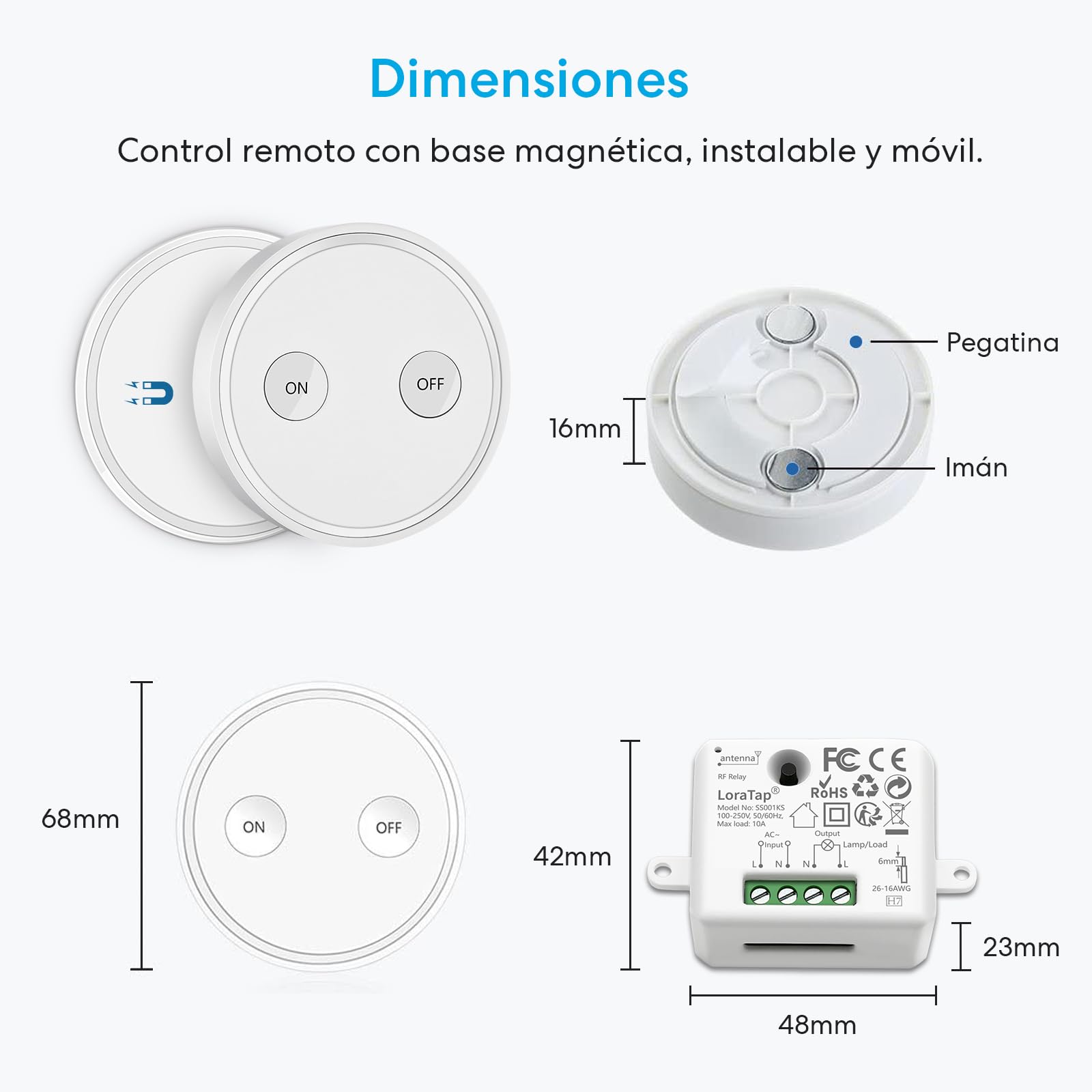 Kit de Interruptor Inalámbrico LoraTap para Luces y Electrodomésticos - Receptor de Alta Potencia 2500W 10A, Alcance Largo hasta 200m, Incluye 2 Mandos a Distancia + 1 Relé