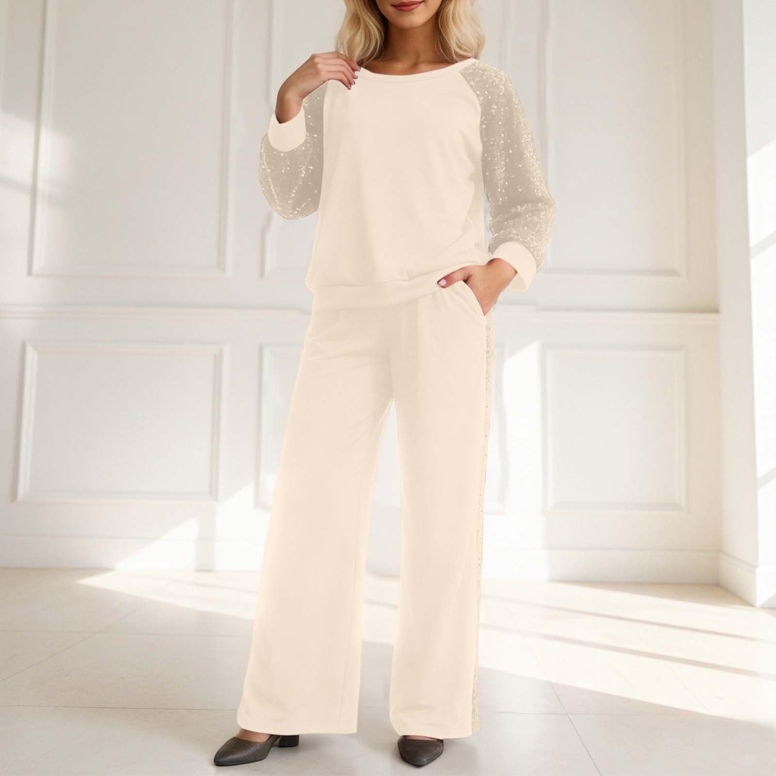 Tuta da jogging da donna con paillettes, a maniche lunghe, con tasche, alla moda, 2 pezzi, girocollo, felpa e pantaloni da jogging, set da due pezzi