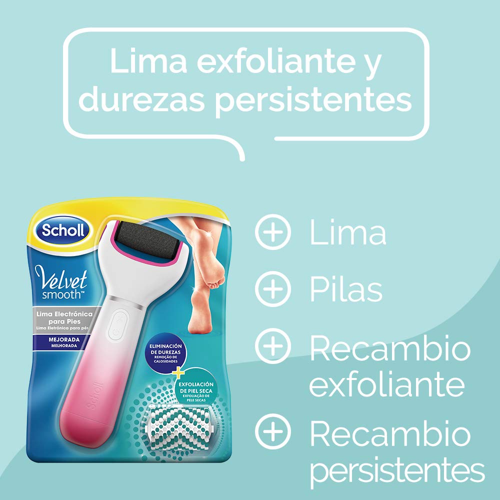 Scholl Eléctrica Durezas Pies Velvet Smooth con Cabezal Exfoliante, Color Rosa, Lima