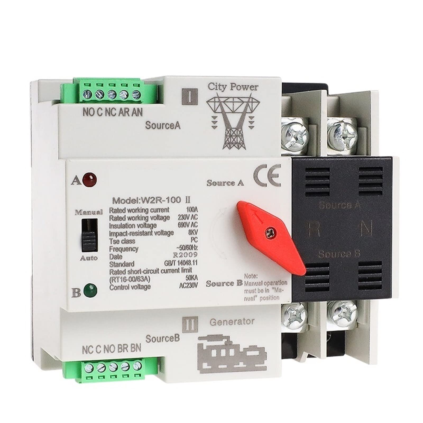 W2R Mini ATS 2P Automatic Transfer Switch Electrical Selector Switches Dual Power Switch ATS 63A 100A 1Pcs (Color : W2R-2P-110V, Size : 2P 40A)