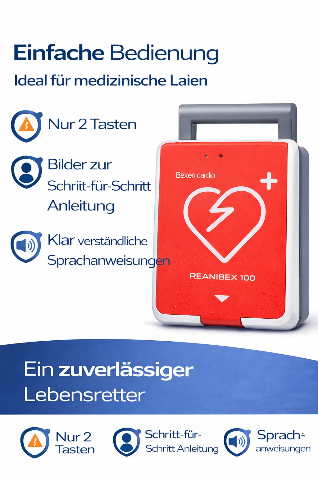 Reanibex 100 AED Defibrillator 2026 vollautomatische Schockauslösung, für Zuhause, im Betrieb, Kleinkindertaste, Ladezeit 0 Sekunden, 7 Jahre Garantie, Sprache DE/UK/FR, Erste-Hilfe Set