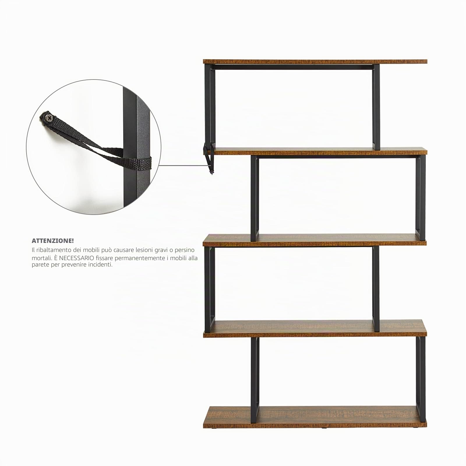 Mondeer Libreria a forma di S, Scaffale Portaoggetti, Libreria a 4 Ripiani, Libreria in Stile Industriale, con Struttura in Metallo, 76 x 24 x127.5cm, per Soggiorno e Ufficio, Marrone