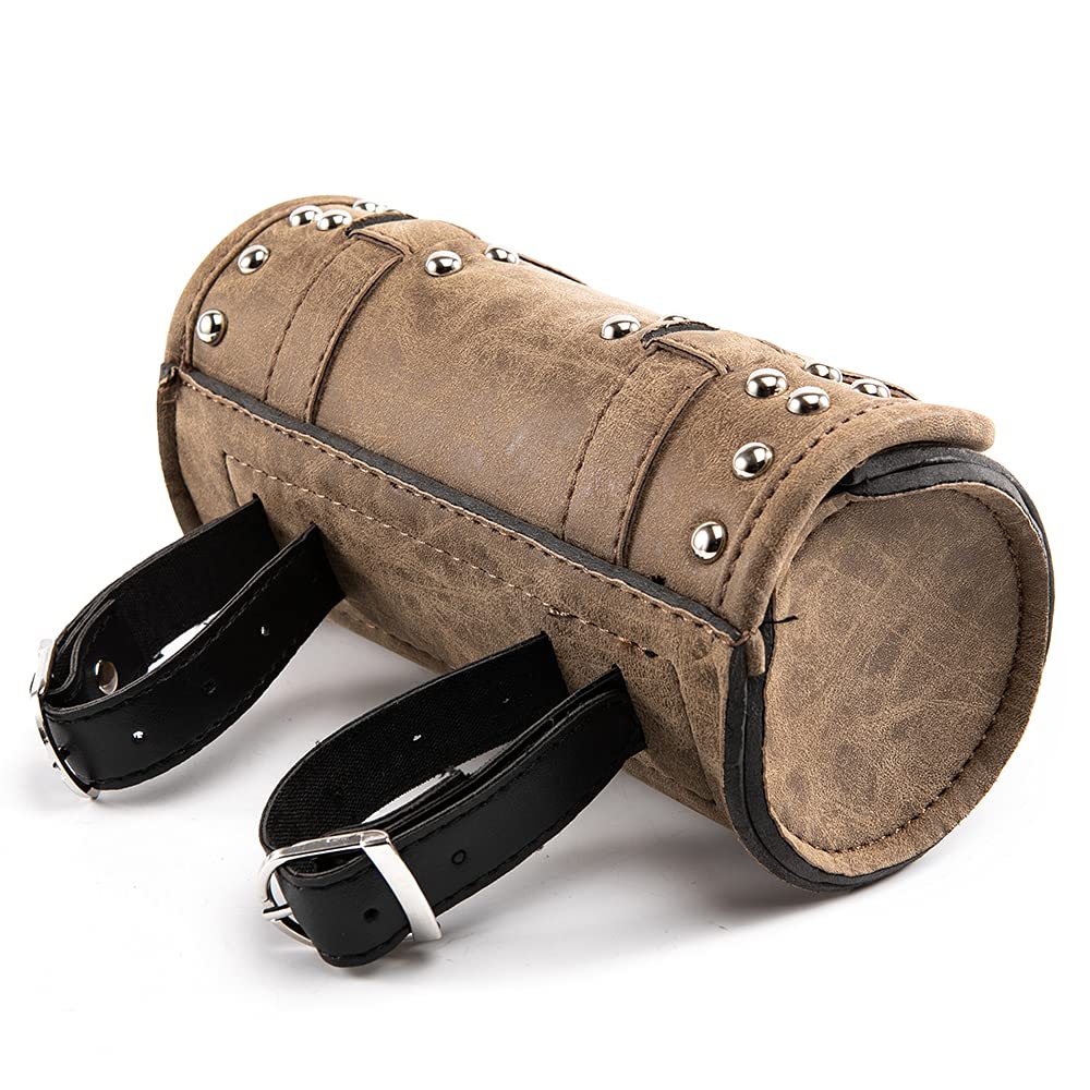 Borsa universale per attrezzi da manubrio di moto, in pelle ecologica in poliuretano, marrone, con rivetti, per Sissy Bar o portapacchi posteriore