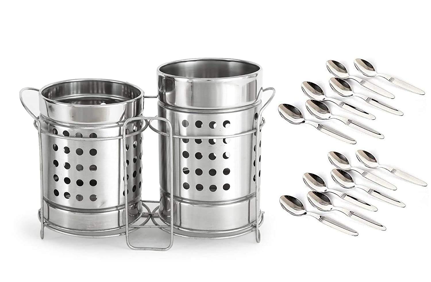 Zero To Infinity Store Stainless Steel Spoon Stand with 12 Spoon Set/Cutlery Holder (Combo Pack of 2) with Spoon New Offer