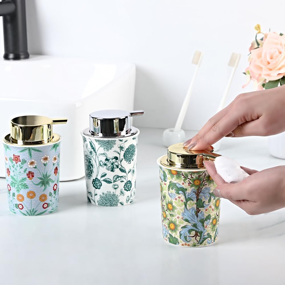 Floral Decorative Foam Soap Dispenser, Vintage Ceramic Hand Soap Pump, Nature Inspired Bathroom Countertop Decor (Style D) - Image 2