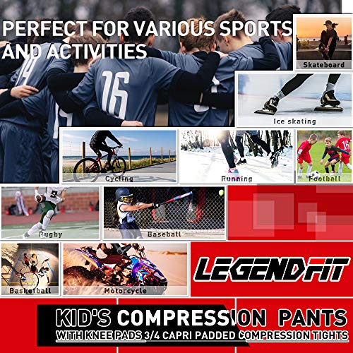 Legendfit Youth Boys Basketball Compression Pants With Knee Pads 3/4 Capri Padded Sport Tights Athletic Workout Leggings Black #TOP6