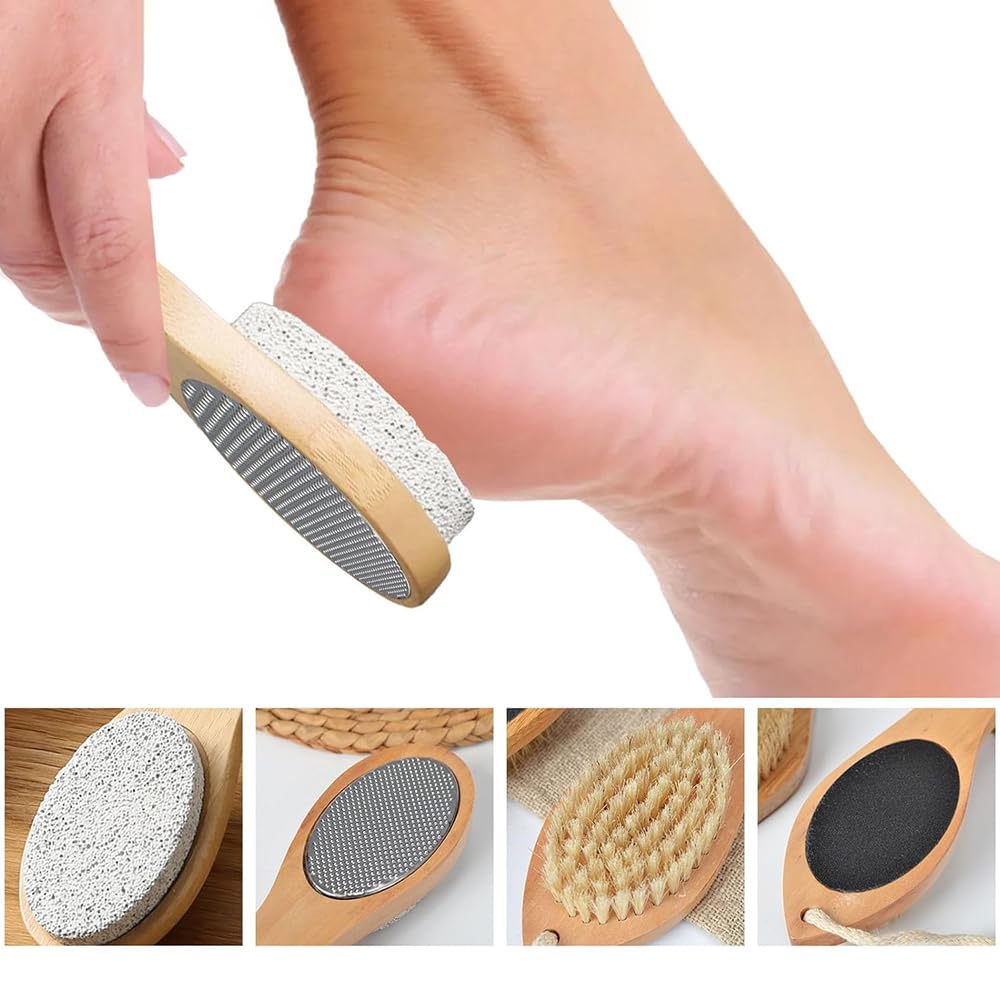 Spazzola per Piedi in Legno con Pietra pomice 4 in 1, rimozione Calli per Pelle Dura con Spazzola in setola per la Cura dei Piedi, Pietra pomice, raspa mentale per i Piedi