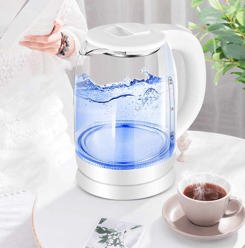 Bollitore Elettrico in Vetro, 1,8 L, 1500 W, Con Illuminazione a Led Blu, Spegnimento Automatico E Protezione Da Surriscaldamento, Fondo Interno in Acciaio Inox 304, Senza BPA (White)