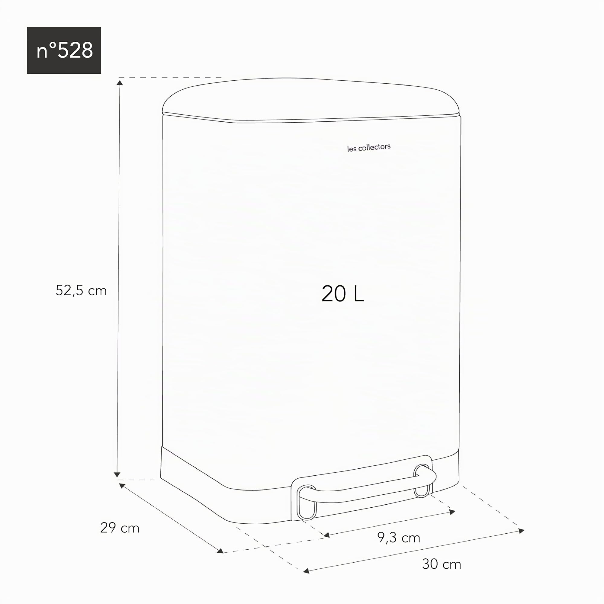 Les Collectors, Cubo de cocina a pedal N°528, Acero inoxidable, Capacidad 20L, Compatible con bolsas de 30L, Compacto, Práctico, Cierre silencioso, Cubeta interior extraíble, Acabado mate, Blanco