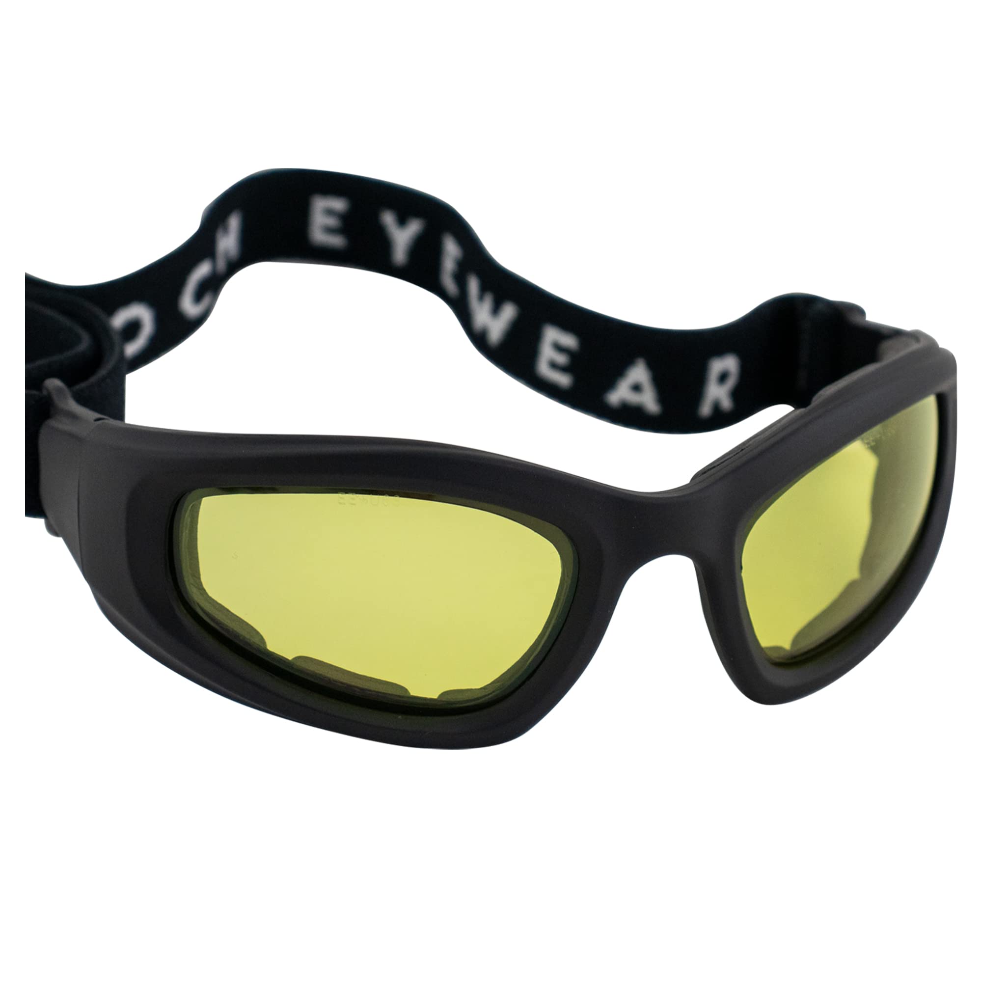 3 paia di occhiali da moto Epoch con montatura nera e lenti giallo fumo trasparente