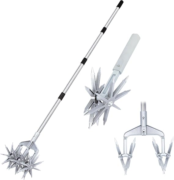 Rotary Cultivator, Adjustable Hand Tiller Garden Tool with Detachable Solid Metal Tines for Loosing and Mixing Soil,2-in-1 Manual Tiller Garden Cultivator for Reseeding Grass 58 Inch
