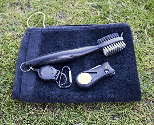 Golf Cleaning Brush Divot Tool Towel Combo (Black Brush Black Divot Tool)