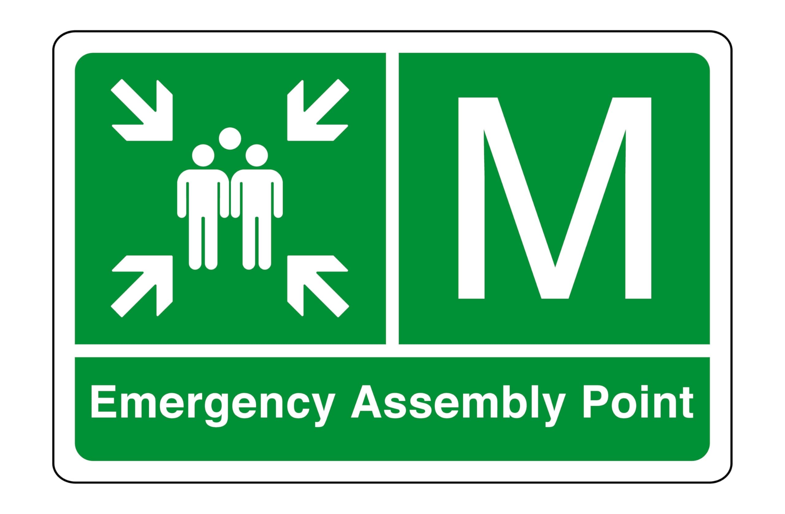 Emergency Assembly point "M" - safety sign - 1.2mm Rigid plastic for indoor/outdoor usage (600mm x 400mm) Viewing Distance within 20m.