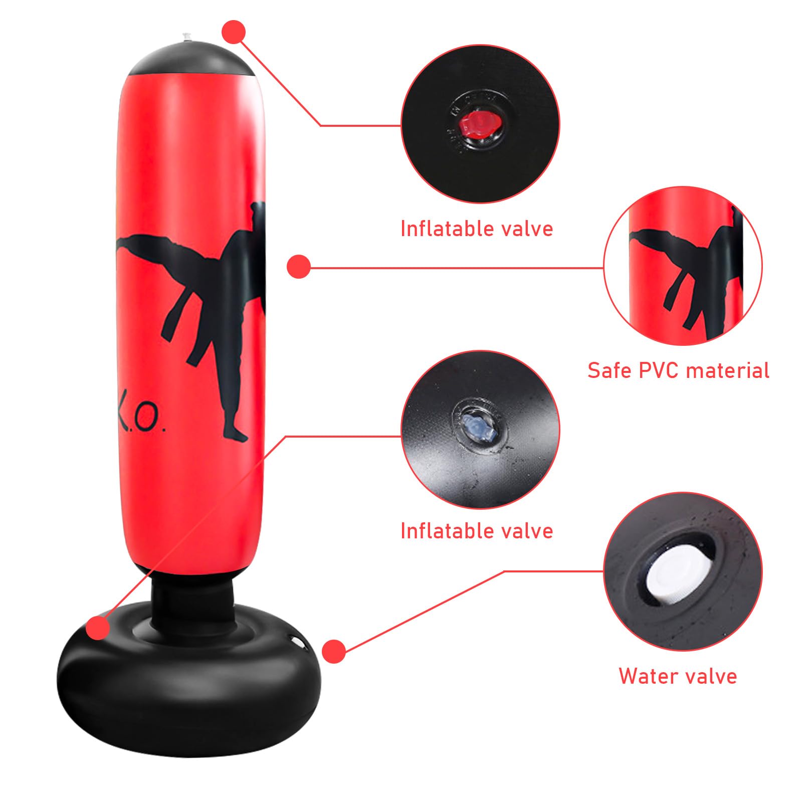 Sacco da boxe per bambini, 160 cm, per bambini, in piedi, con guantoni da boxe, gonfiabile, per interni, esterni, palestra, dai 3 ai 12 anni, per ragazzi e ragazze, colore rosso