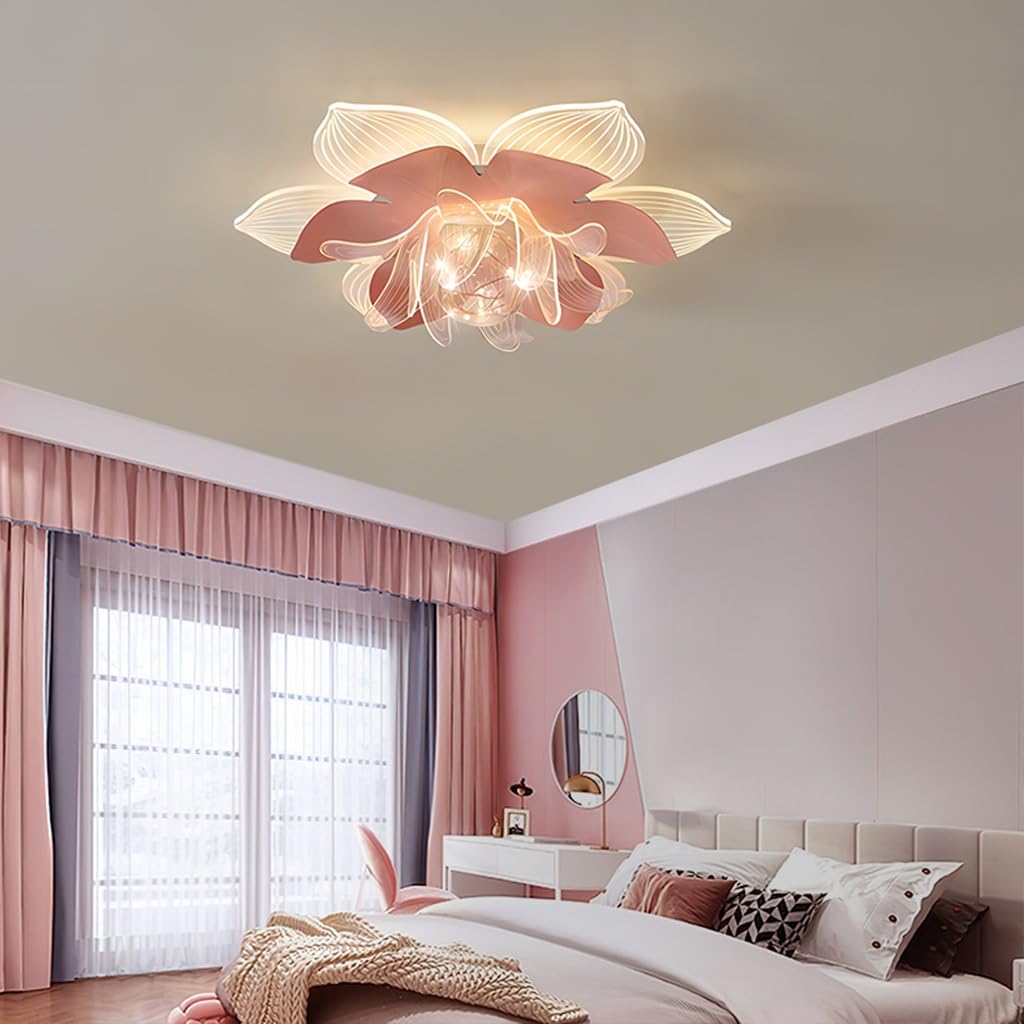 LYSDjia Dimmbare LED Deckenleuchte für Schlafzimmer moderne Deckenlicht mit Blumenmuster rosa Kronleuchter für Wohnzimmer Esszimmer Küche Kinderzimmer Acryl Deckenlampe mit Fernbedienung(Pink,Transpar Beleuchtung