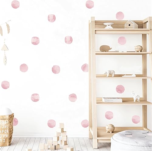 Miniatura 8 de 6 hojas de 72 calcomanías de pared de lunares de acuarela color rojo rosa, calcomanías de pared de arte circular, vinilo extraíble para niños,