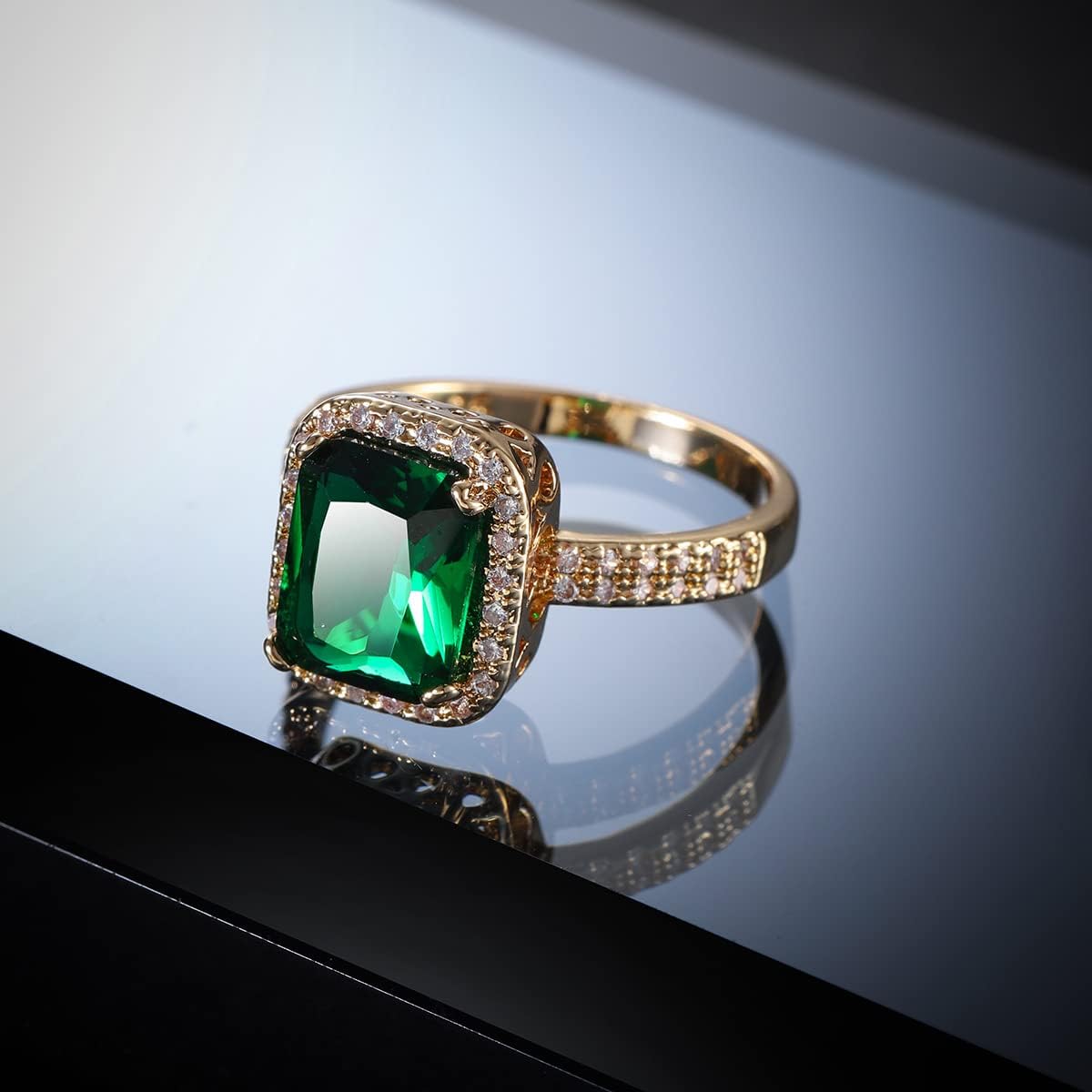 Women's Classic Yellow Gold Plated Green Simulated Emerald Cocktail Solitaire Rings, Engagement Ring with Emerald Cut Gemstones CZ Birthstone Jewelery - Image 3