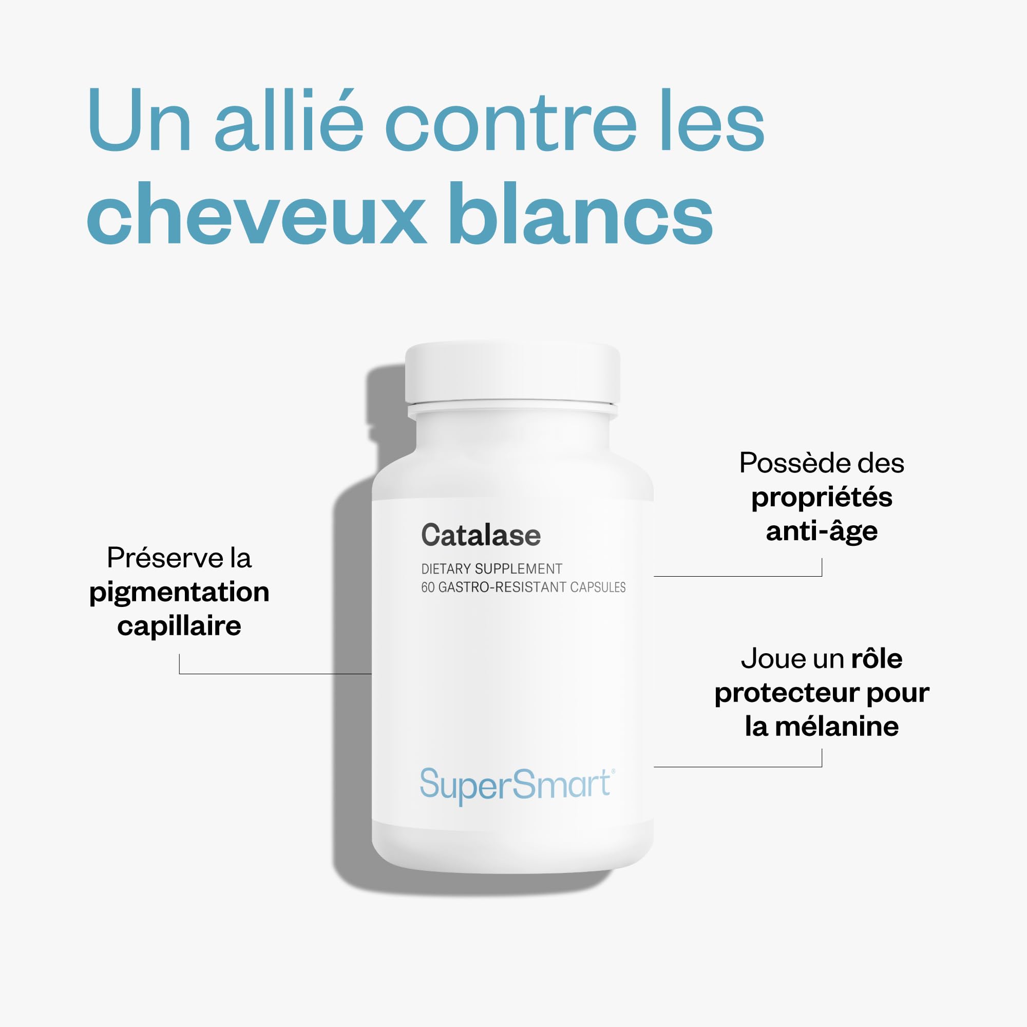 Catalase Anti-Cheveux Blancs 60 gélules SuperSmart - Blanchiment Prématuré Poils - Anti-Âge - Restauration Couleur Naturelle - Vegan