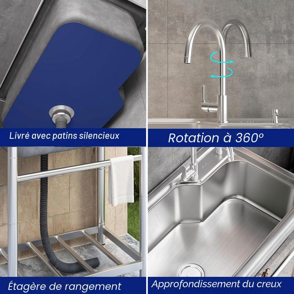 Plonge INOX 1 Bac Professionnel Évier De Cuisine sur Pied Commercial avec Robinet d'eau Chaude Et Froide, Étagère De Rangement 1.0mm Évier Utilitaire pour Buanderie,Garage,50 * 37 * 75cm