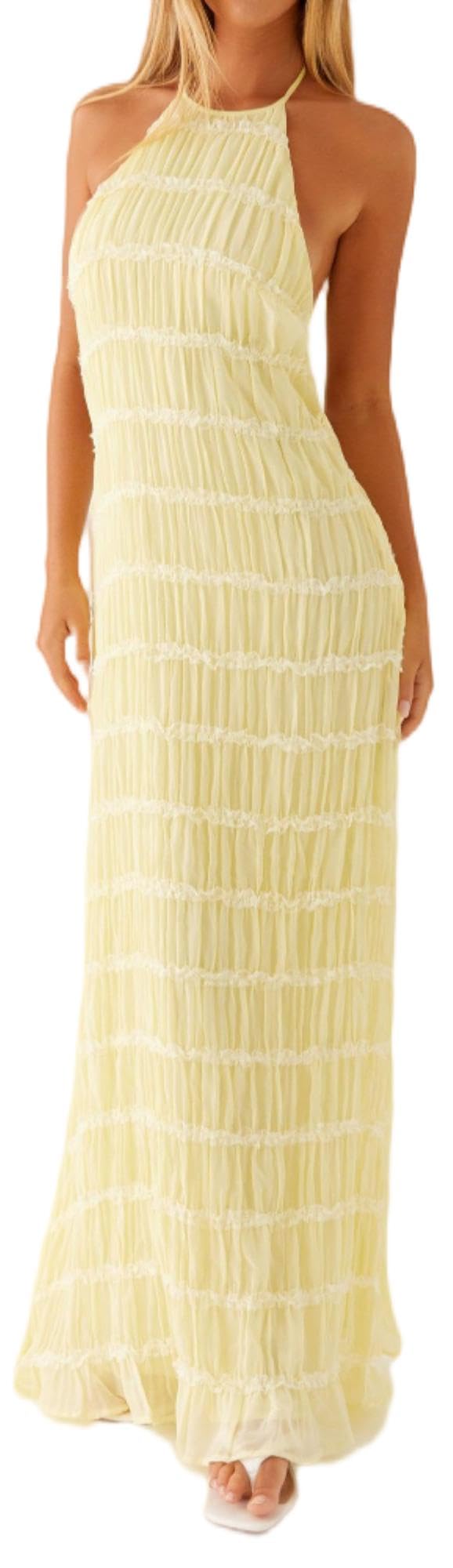 Women Halter Flowy Vacation Long Dress Sexy Sheer Ruched Backless Dress Y2k Sleeveless Beach Tiered Maxi Sundresses