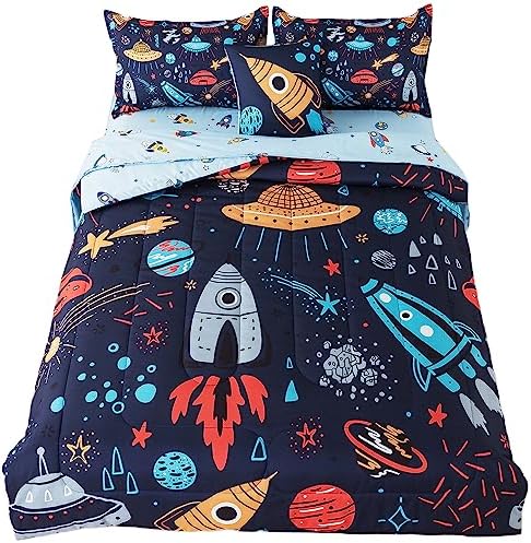ADASMILE A & S Kids Space Bedding Set 6Pieces Kids Galaxy Rocket Bedding Twin Size for Boys Girls Bed-in-A-Bag Space and Planets Pattern Bed Set Starry Sky Space Comforter Set with 2 Pillowcases