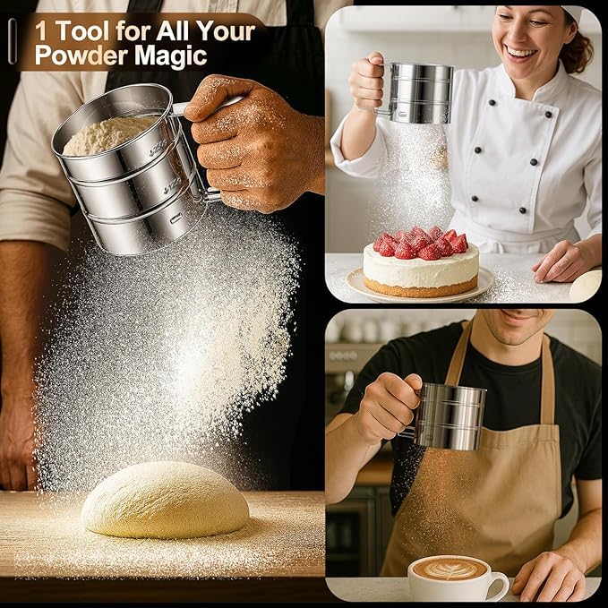 Image of Veloxi Flour Sifter for Baking Atta chhani Hand Press Design Stainless Steel Flour Sifter Corrosion Resistant Large Capacity Flour Sieve Cup for Sugar Flour and Coffee Powder | Atta Chalni
