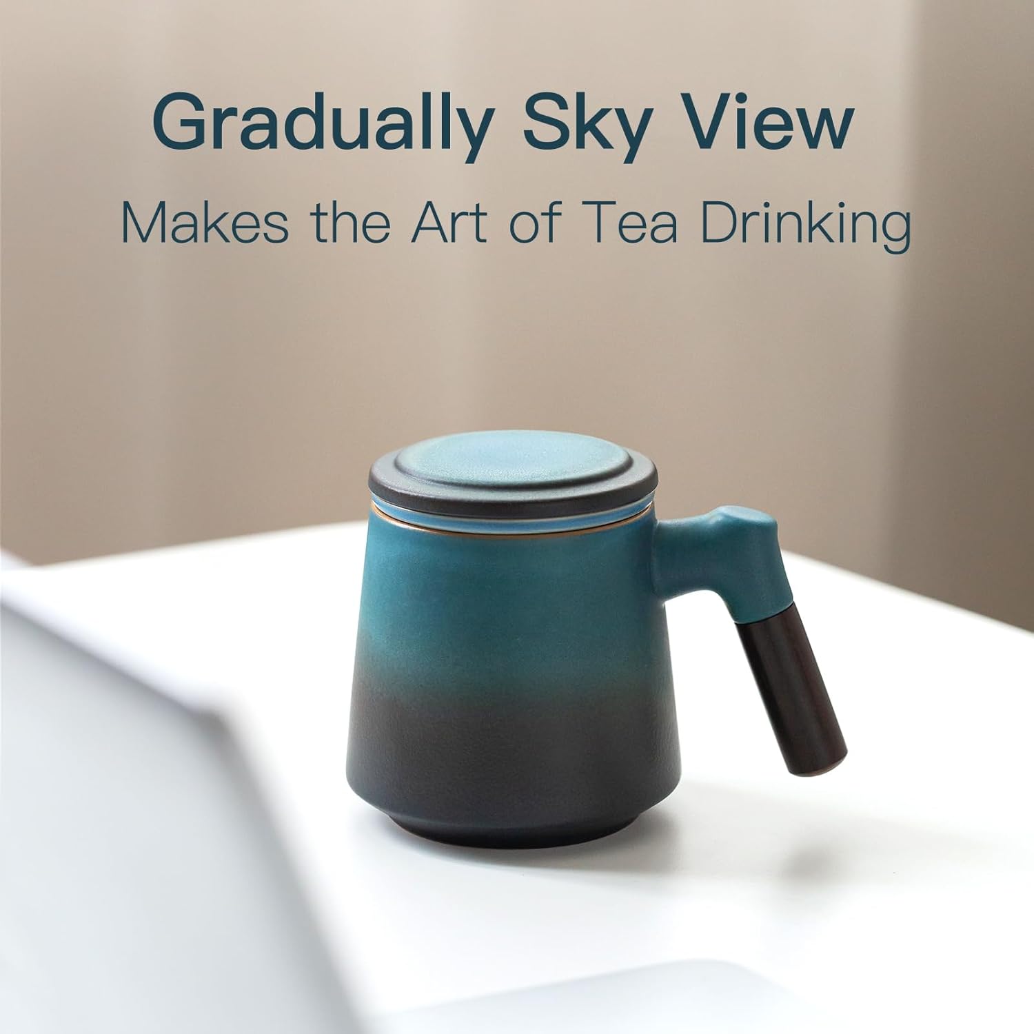 ZENS Tea Cup with Infuser and Lid, Ebony Handle Ceramic Loose Leaf Tea Mug, Gradient Blue Tea Cup with Infuser and Lid, Black