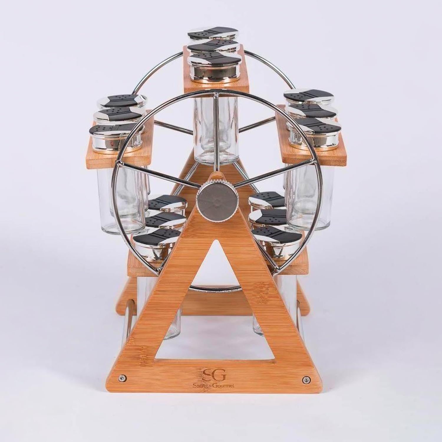 Avilia Set di 15 Barattoli per Spezie con Orgnizer - Portaspezie con Supporto Girevole, in Vetro e Bambù, 27x24.9x31.5cm