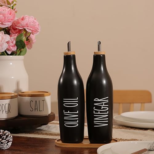 Miniatura 7 de HOMCDALY Juego de dispensador de aceite de oliva y vinagre, botellas de aceite de cerámica y vinagre con bandeja de bambú, 16.9 onzas, juego de 2