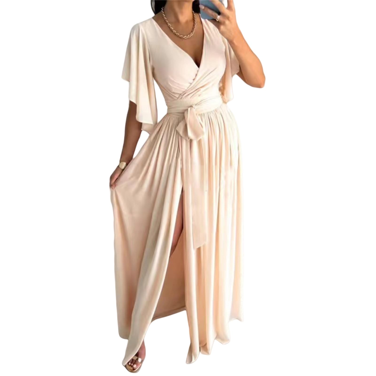 Abito Estivo Delle Donne Summer Maxi Casual Abito Lungo Sciolto Maniche Corte V-Neck Abiti, HUTALIM, Khaki, l
