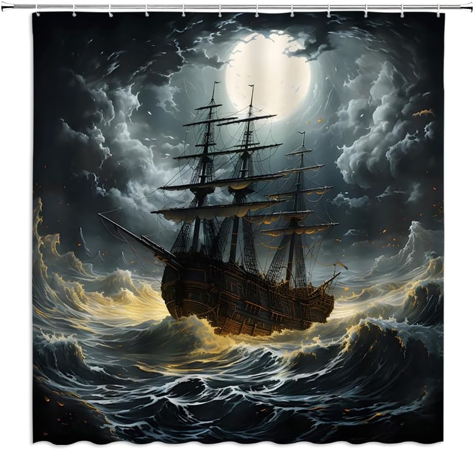 Nautical Shower Curtain Pirate Ship Ocean Night Full Moon Great Waves Vintage Seascape Grey Cloud Sailboat Fabric Bathroom Decor Curtains with Hooks,70 x 80