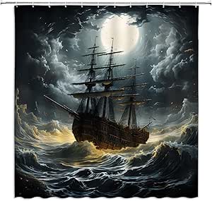 UOZXOML Nautical Shower Curtain Pirate Ship Ocean Night Full Moon Great Waves