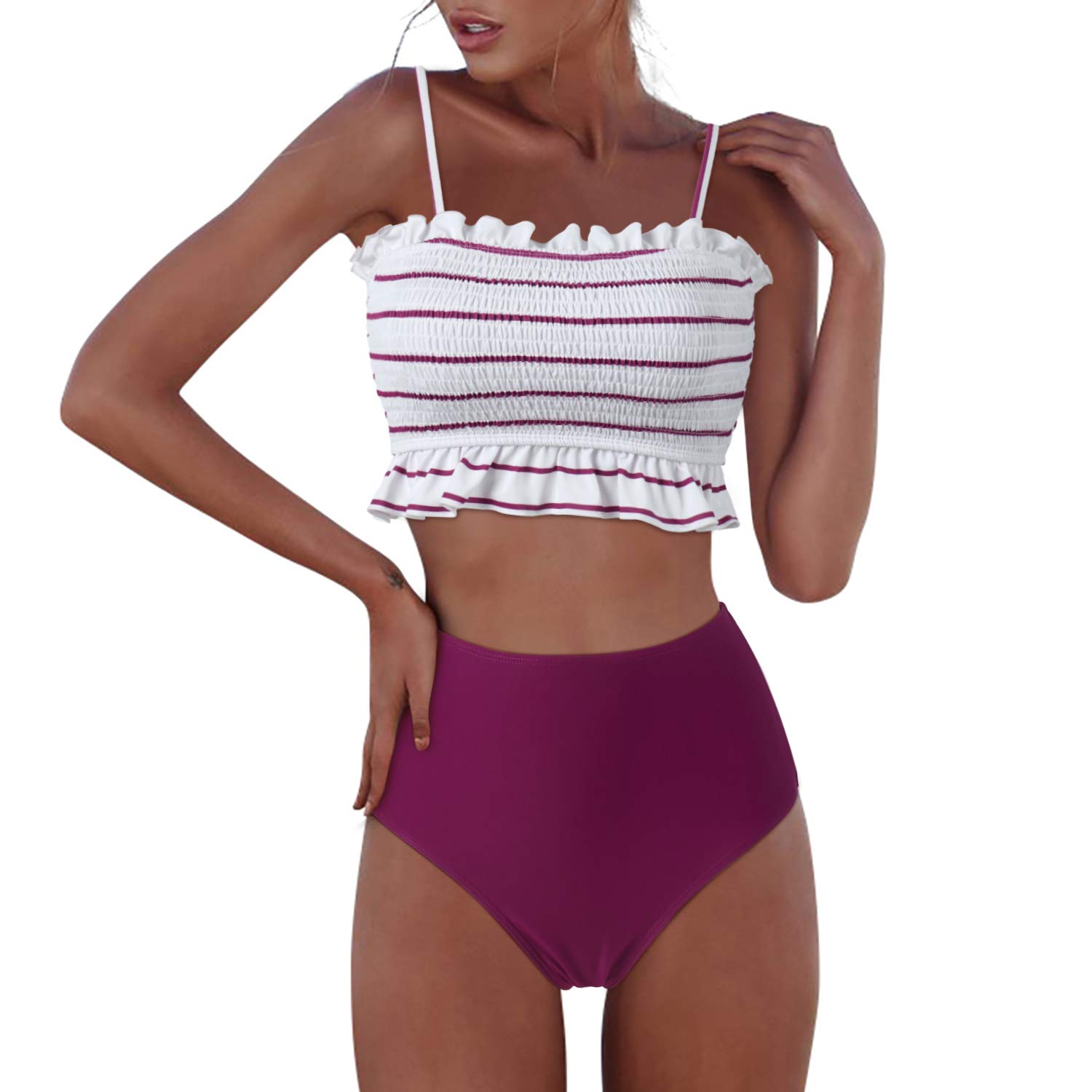 RXRXCOCO Womens Shirred Bandeau Bikini Cute Two Piece Swimsuit Off Shoulder High Waist Bathing Suit Wine Red Small