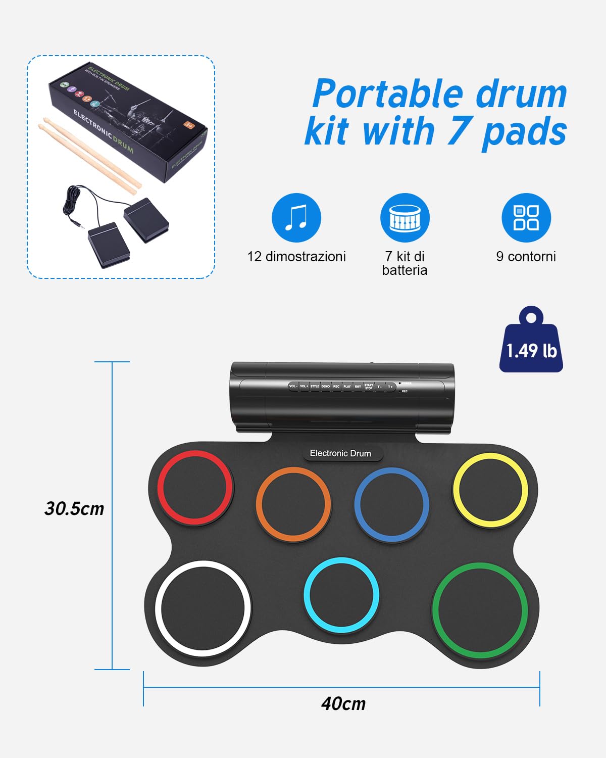 Batería electrónica, 7 almohadillas, batería electrónica plegable con baquetas y altavoces duales, juego de batería eléctrica portátil de color para niños, principiantes, cumpleaños y regalo