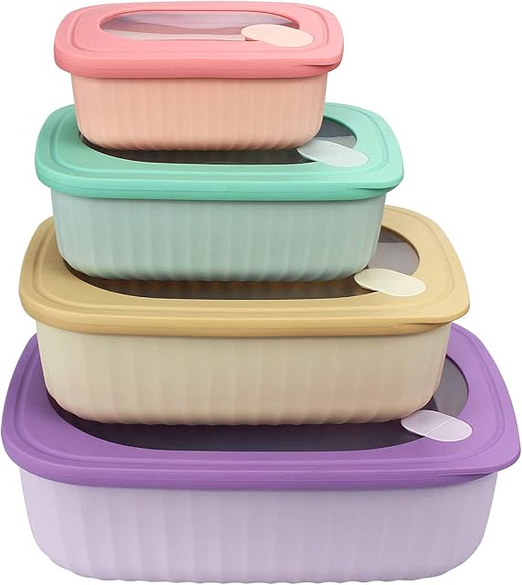 Set of 4 Food Storage Container with Lids Plastic Cook & Storage Mixing Bowl Set Nesting Airtight Meal Prep Food Container Rectangular Tupperware Set for Fridge Freezer Microwave Dishwasher Safe