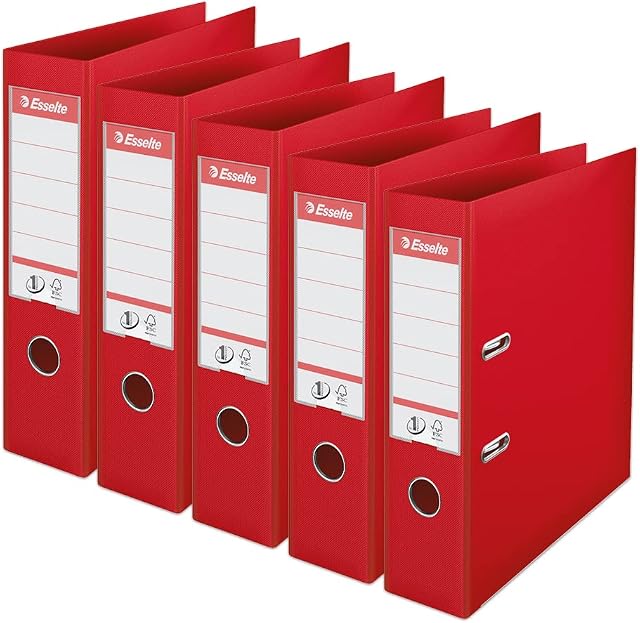 Esselte, A4 Lever Arch File, 75 mm Spine, 500 sheets Capacity, PP, Plastic Cover, No. 1 Mechanism, Files & Folders, Red, 5 Pack, 162530